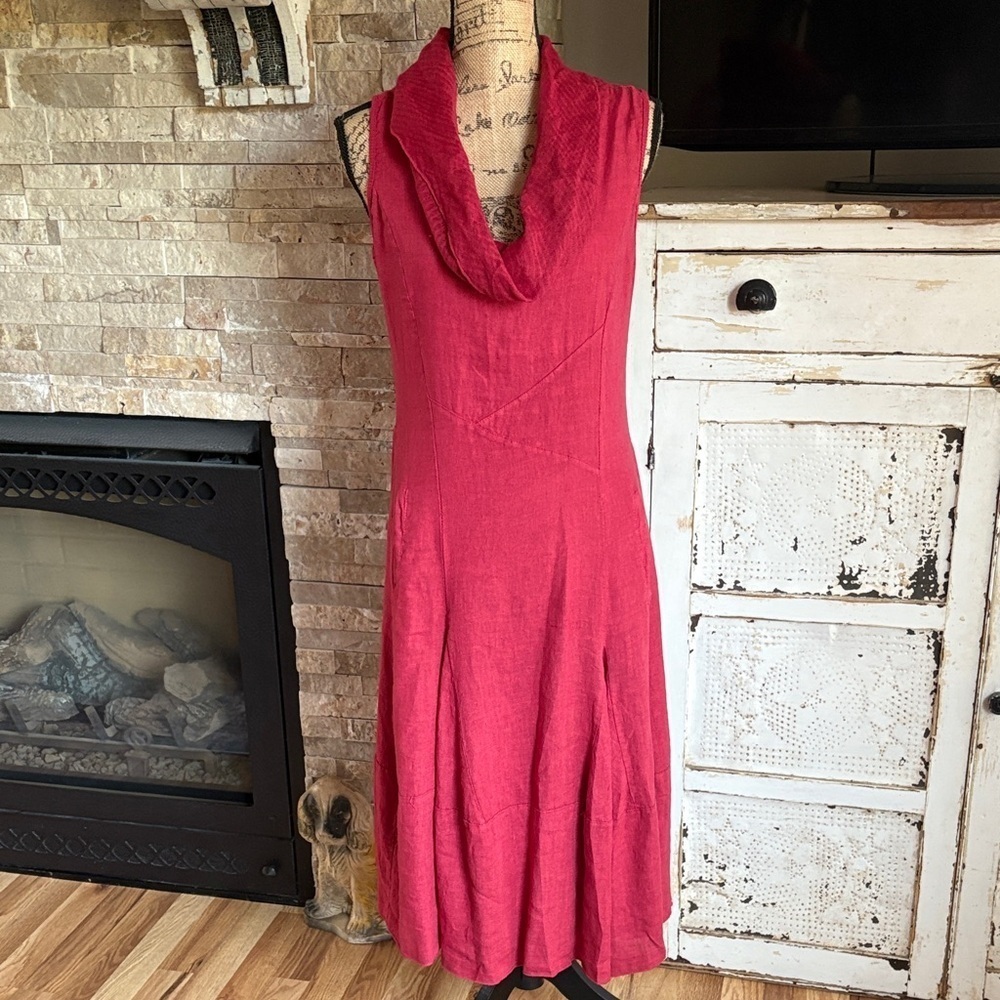 Inizio by portollc red linen blend midi sleeveless dress w cowl neck and pockets